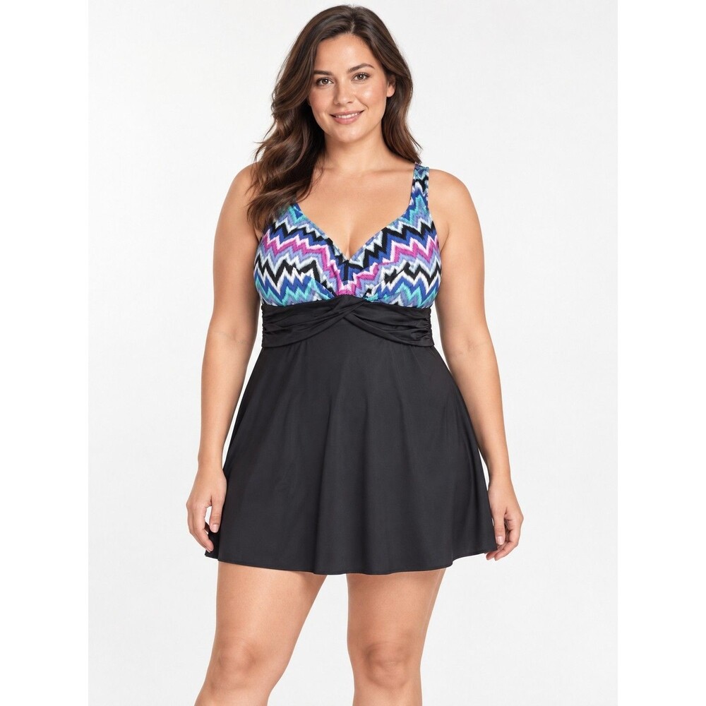 Perona Women’s Size 16 Black Swimdress One-Piece Swimsuit Multicolor Chevron...